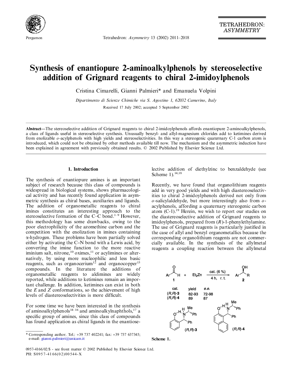 Synthesis of enantiopure 2-aminoalkylphenols by stereoselective addition of Grignard reagents to chiral 2-imidoylphenols