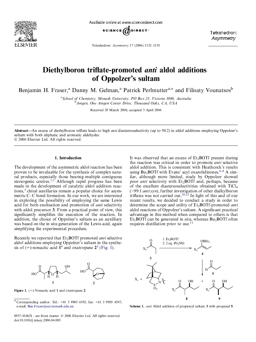 عکس صفحه اول مقاله: Diethylboron triflate-promoted anti aldol additions of Oppolzer’s sultam Diethylboron triflate-promoted anti aldol additions of Oppolzer’s sultam