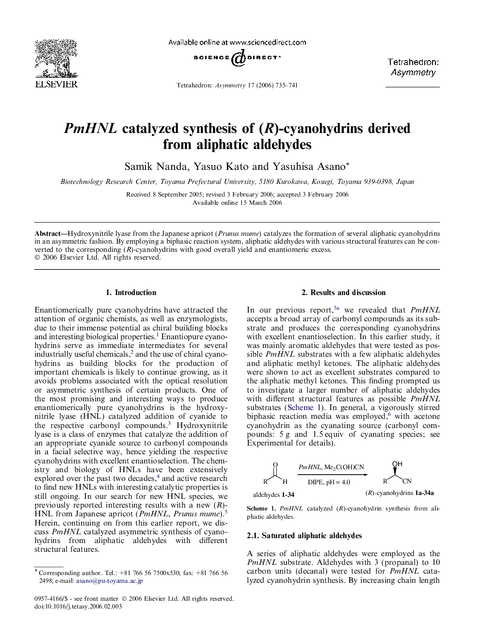 PmHNL catalyzed synthesis of (R)-cyanohydrins derived from aliphatic aldehydes