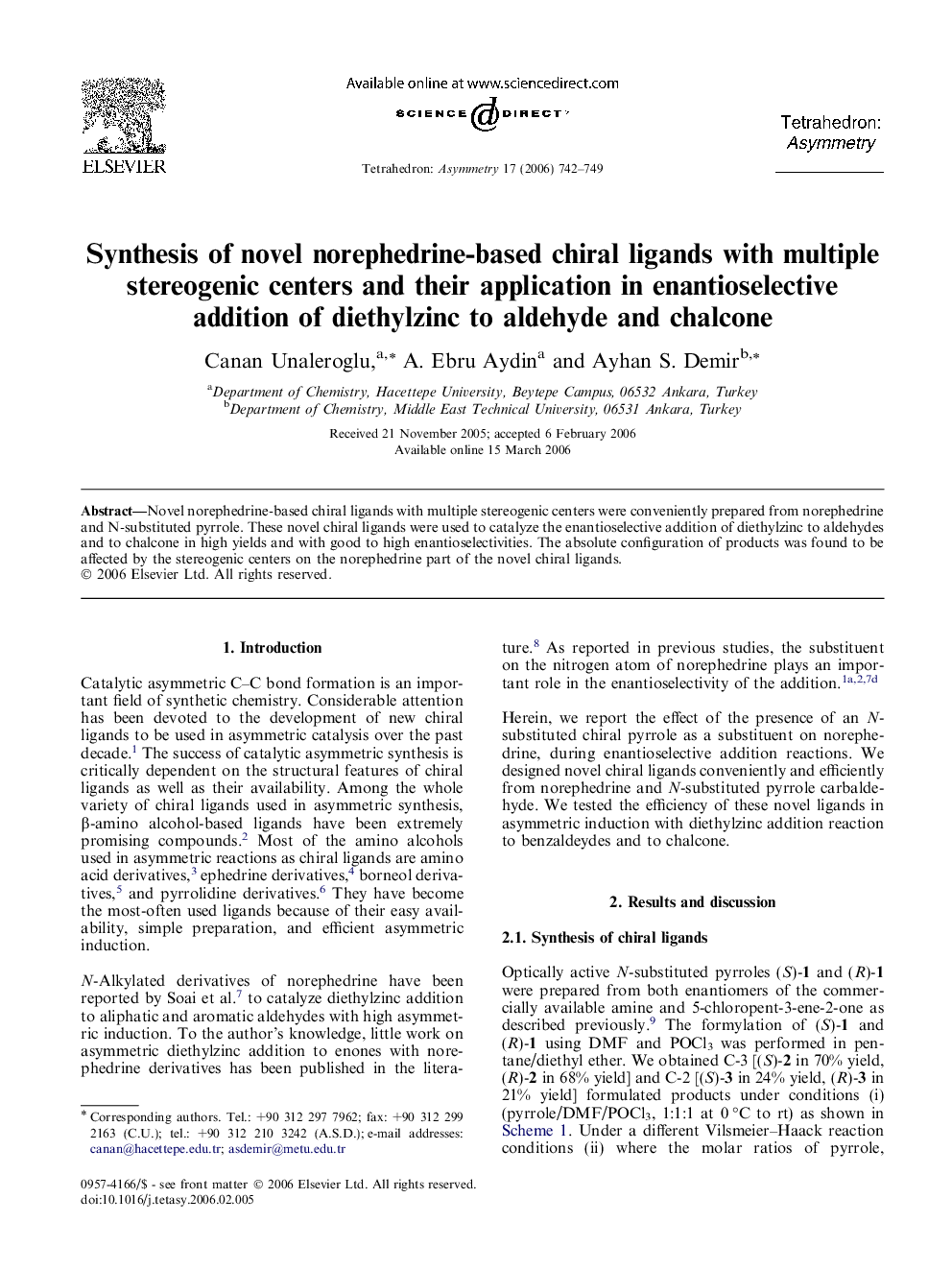 Synthesis of novel norephedrine-based chiral ligands with multiple stereogenic centers and their application in enantioselective addition of diethylzinc to aldehyde and chalcone
