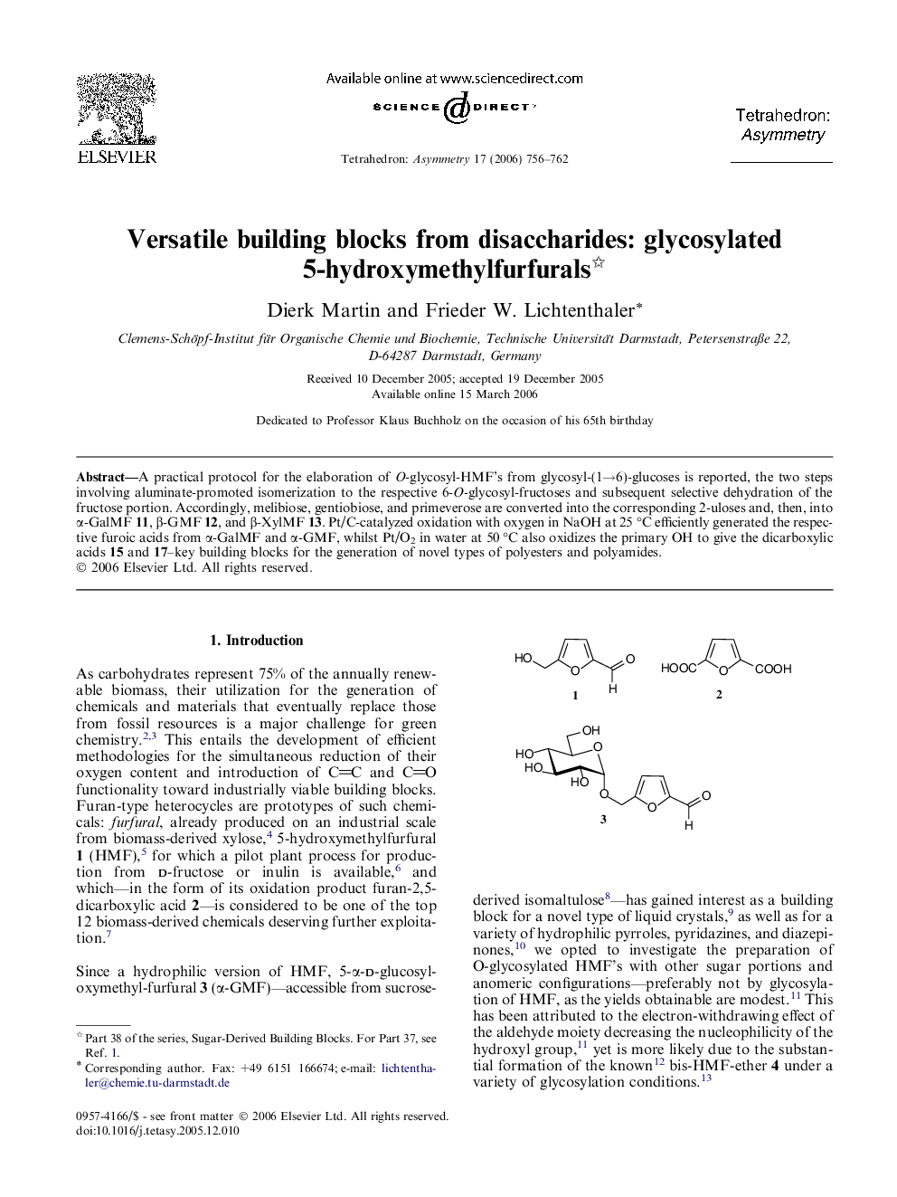 Versatile building blocks from disaccharides: glycosylated 5-hydroxymethylfurfurals 