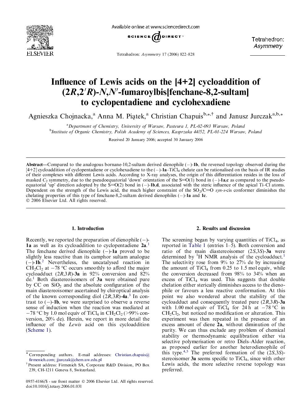 Influence of Lewis acids on the [4+2] cycloaddition of (2R,2′R)-N,N′-fumaroylbis[fenchane-8,2-sultam] to cyclopentadiene and cyclohexadiene