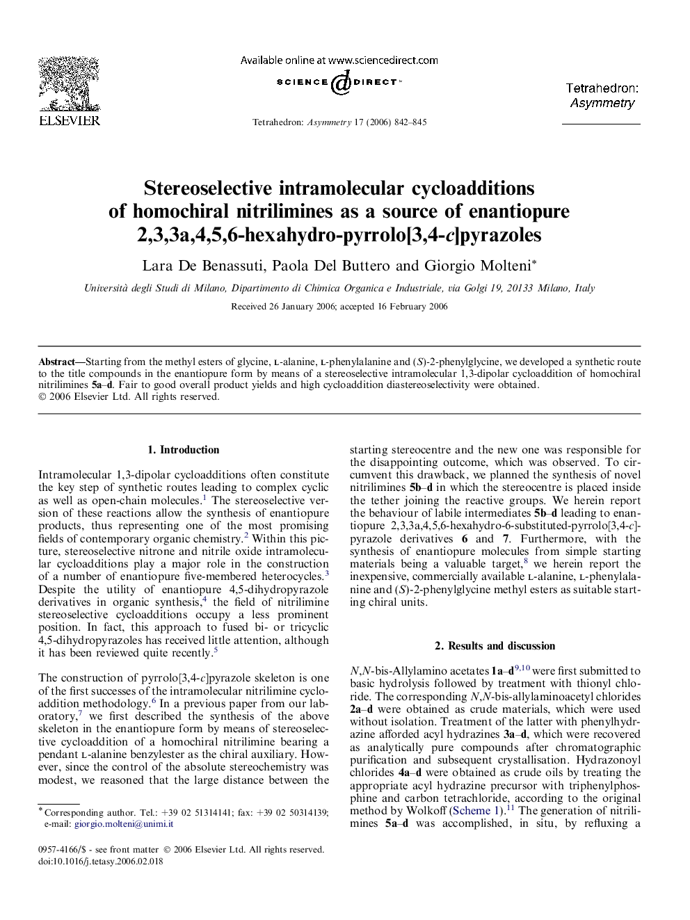 Stereoselective intramolecular cycloadditions of homochiral nitrilimines as a source of enantiopure 2,3,3a,4,5,6-hexahydro-pyrrolo[3,4-c]pyrazoles