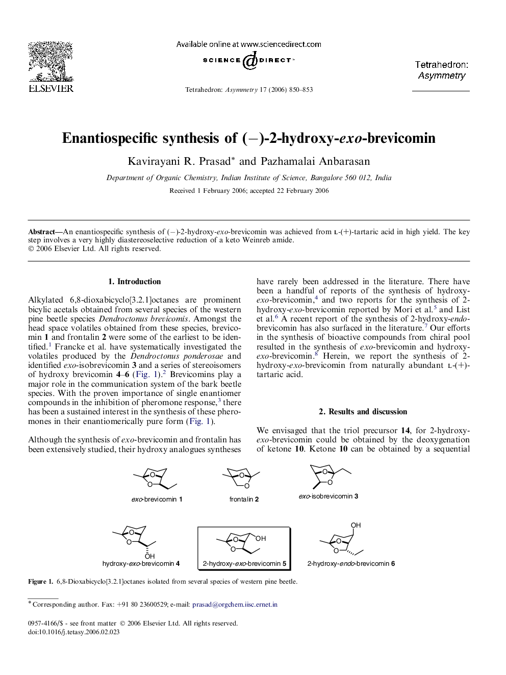 Enantiospecific synthesis of (−)-2-hydroxy-exo-brevicomin