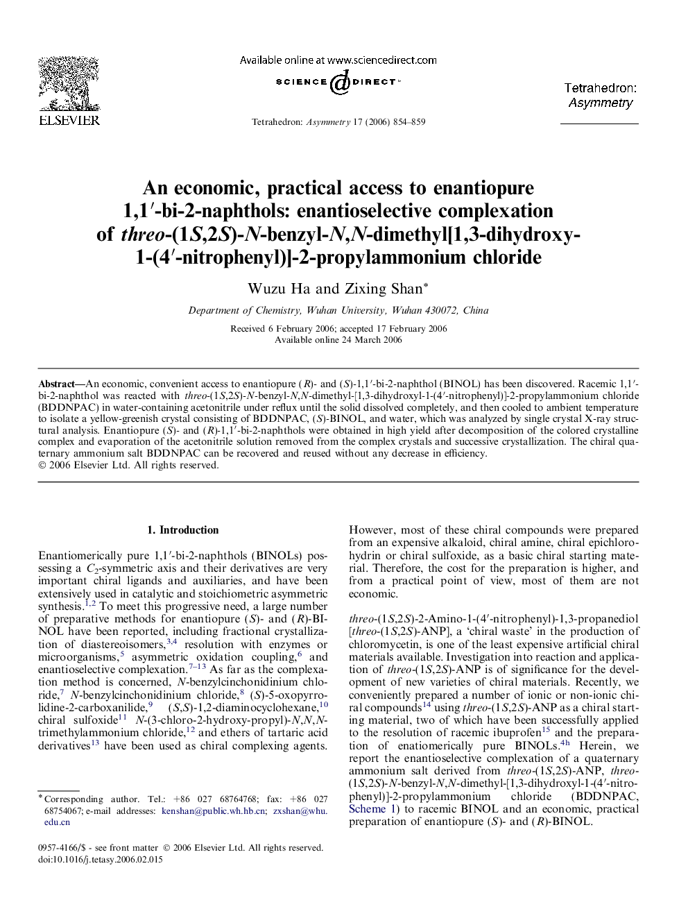 An economic, practical access to enantiopure 1,1′-bi-2-naphthols: enantioselective complexation of threo-(1S,2S)-N-benzyl-N,N-dimethyl[1,3-dihydroxy-1-(4′-nitrophenyl)]-2-propylammonium chloride