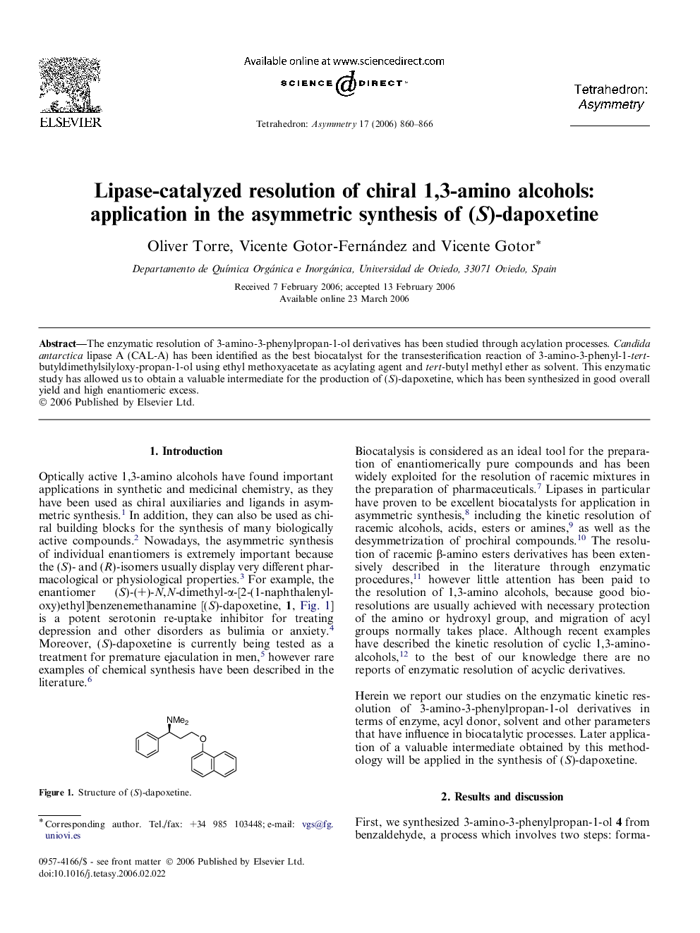Lipase-catalyzed resolution of chiral 1,3-amino alcohols: application in the asymmetric synthesis of (S)-dapoxetine