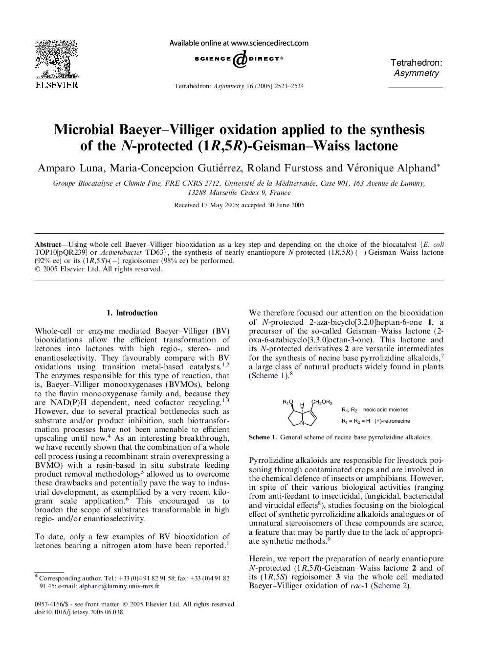 Microbial Baeyer–Villiger oxidation applied to the synthesis of the N-protected (1R,5R)-Geisman–Waiss lactone