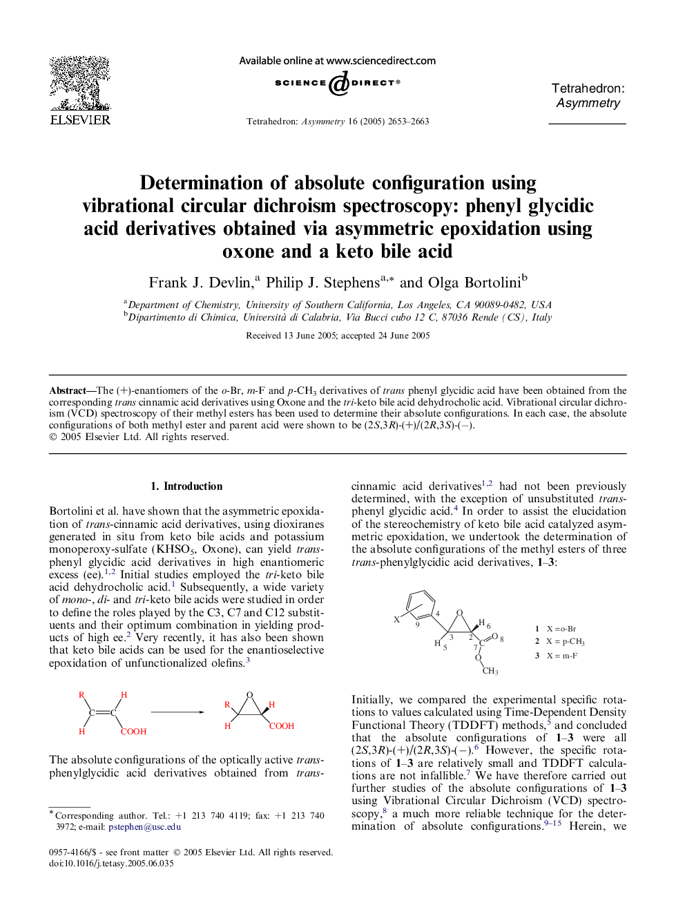 Determination of absolute configuration using vibrational circular dichroism spectroscopy: phenyl glycidic acid derivatives obtained via asymmetric epoxidation using oxone and a keto bile acid