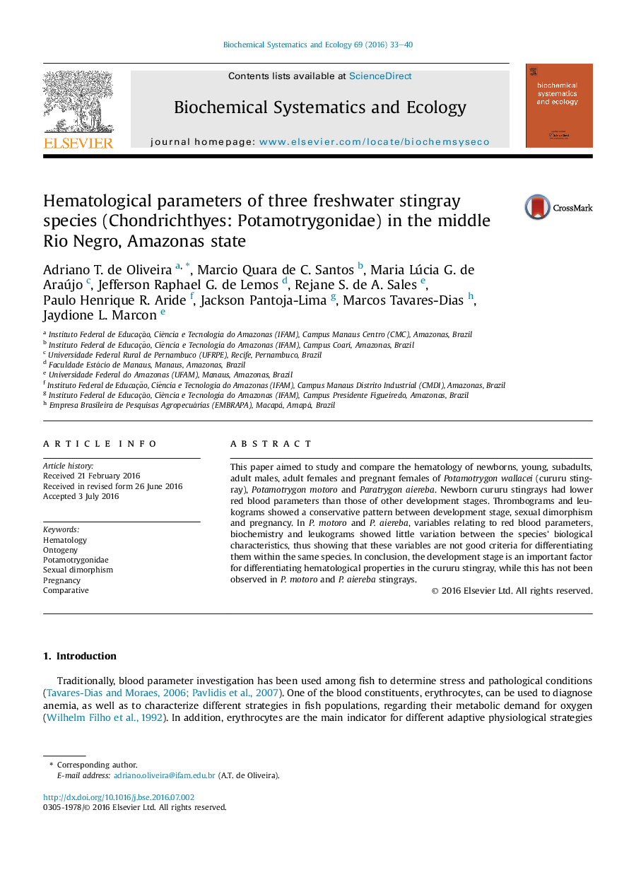 Hematological parameters of three freshwater stingray species (Chondrichthyes: Potamotrygonidae) in the middle Rio Negro, Amazonas state