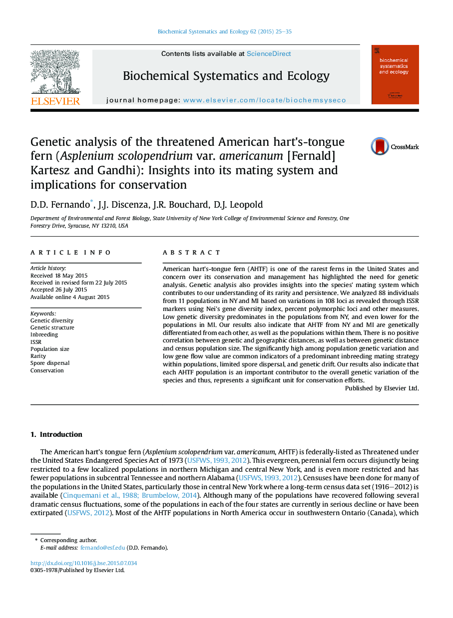 Genetic analysis of the threatened American hart's-tongue fern (Asplenium scolopendrium var. americanum [Fernald] Kartesz and Gandhi): Insights into its mating system and implications for conservation