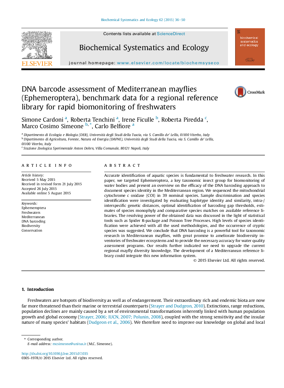 DNA barcode assessment of Mediterranean mayflies (Ephemeroptera), benchmark data for a regional reference library for rapid biomonitoring of freshwaters