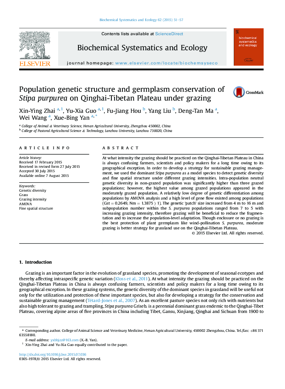 Population genetic structure and germplasm conservation of Stipa purpurea on Qinghai-Tibetan Plateau under grazing