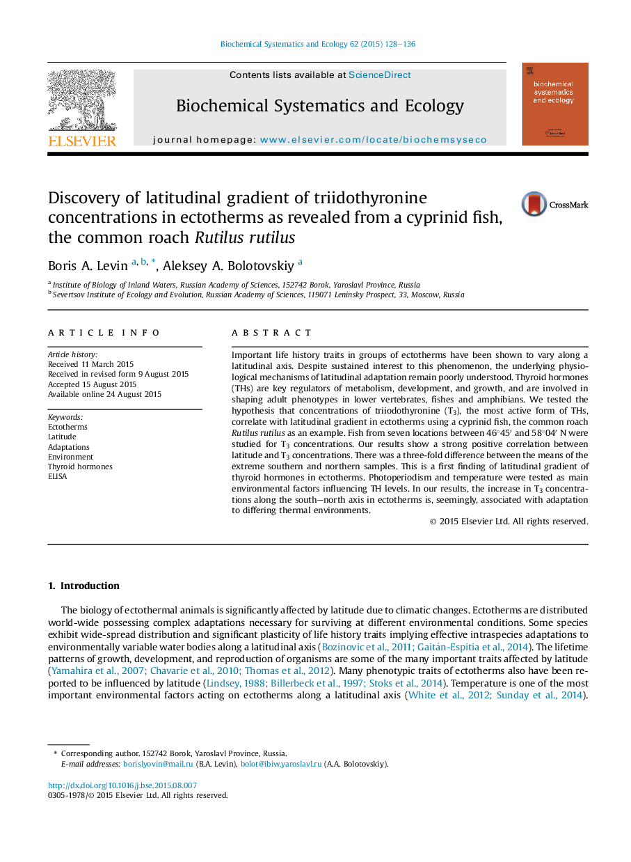 Discovery of latitudinal gradient of triidothyronine concentrations in ectotherms as revealed from a cyprinid fish, the common roach Rutilus rutilus