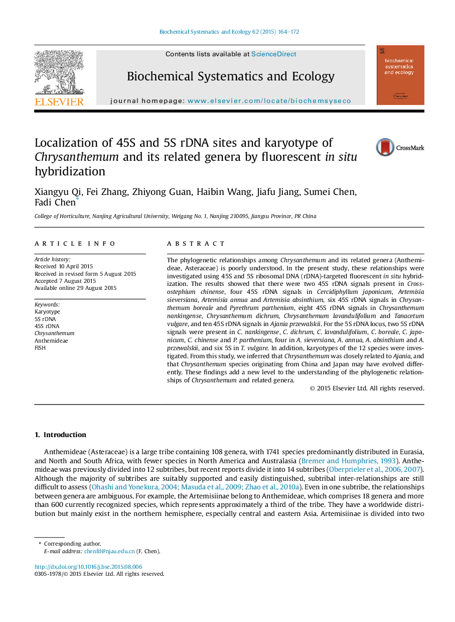 Localization of 45S and 5S rDNA sites and karyotype of Chrysanthemum and its related genera by fluorescent in situ hybridization