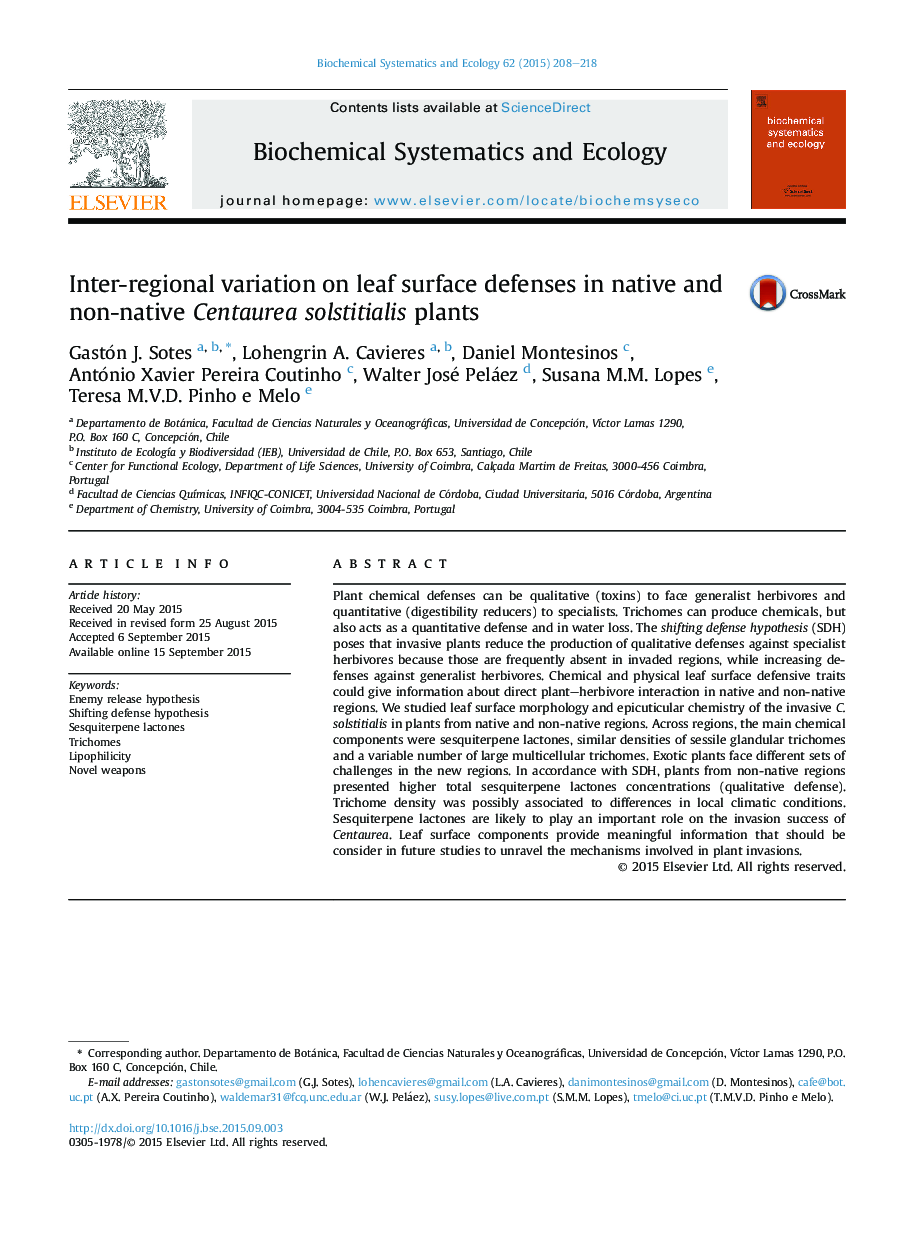 Inter-regional variation on leaf surface defenses in native and non-native Centaurea solstitialis plants