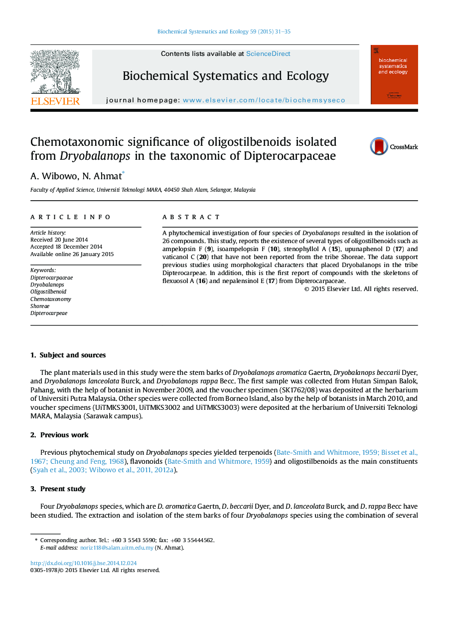 Chemotaxonomic significance of oligostilbenoids isolated from Dryobalanops in the taxonomic of Dipterocarpaceae