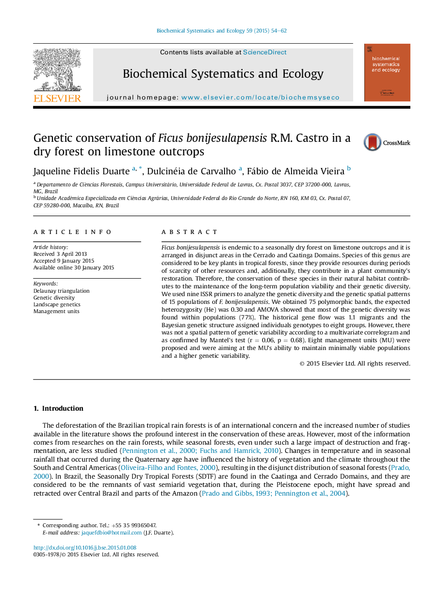 Genetic conservation of Ficus bonijesulapensis R.M. Castro in a dry forest on limestone outcrops