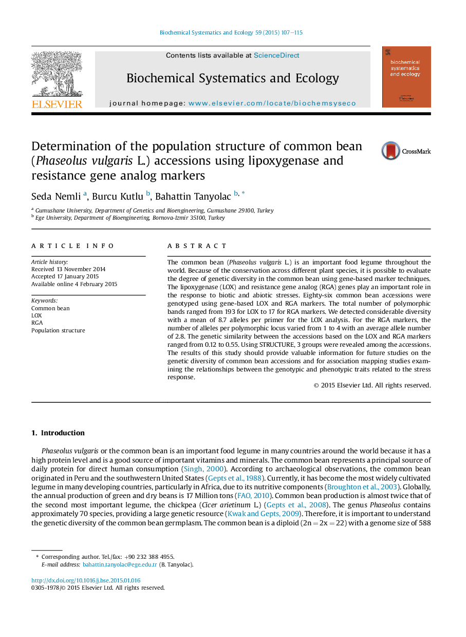 Determination of the population structure of common bean (Phaseolus vulgaris L.) accessions using lipoxygenase and resistance gene analog markers