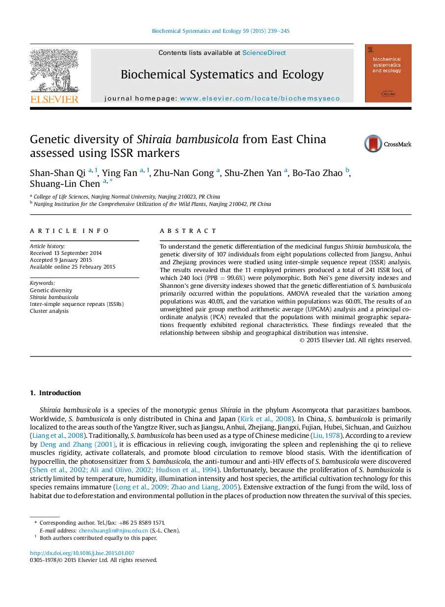 Genetic diversity of Shiraia bambusicola from East China assessed using ISSR markers