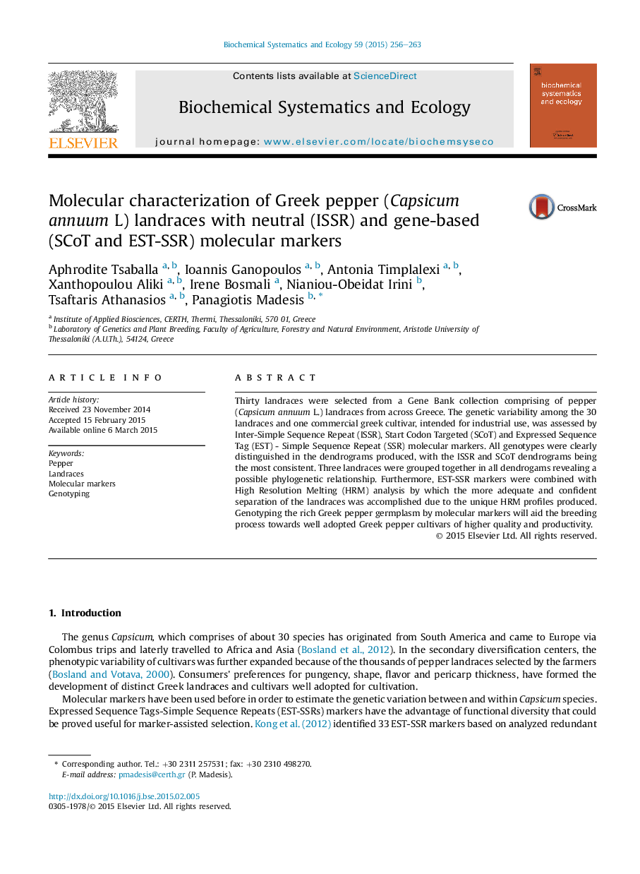 Molecular characterization of Greek pepper (Capsicum annuum L) landraces with neutral (ISSR) and gene-based (SCoT and EST-SSR) molecular markers