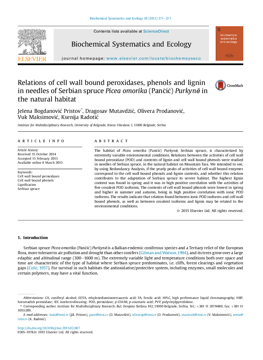 Relations of cell wall bound peroxidases, phenols and lignin in needles of Serbian spruce Picea omorika (Pančić) Purkynĕ in the natural habitat