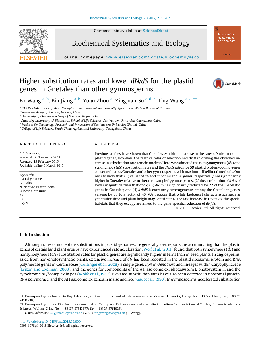 Higher substitution rates and lower dN/dS for the plastid genes in Gnetales than other gymnosperms