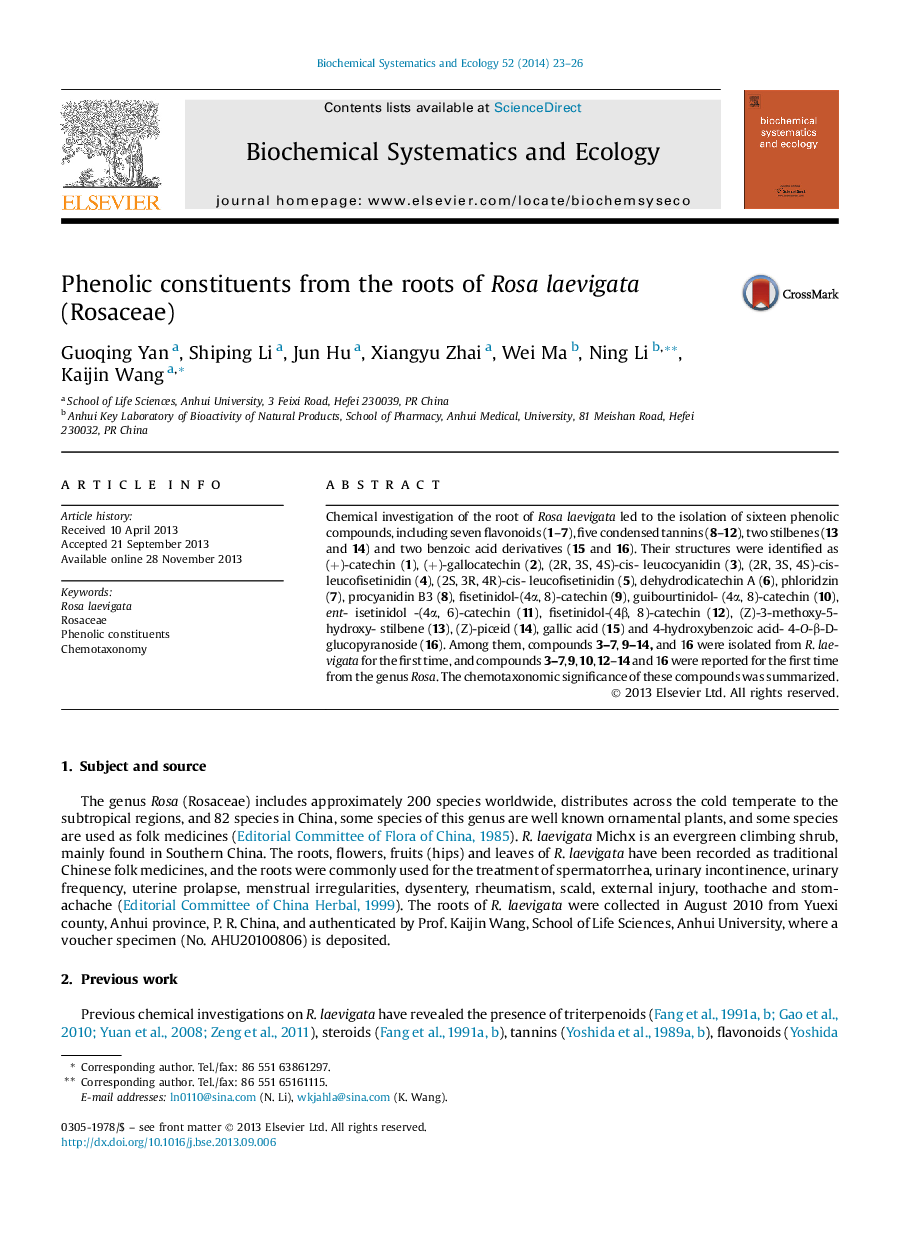 Phenolic constituents from the roots of Rosa laevigata (Rosaceae)