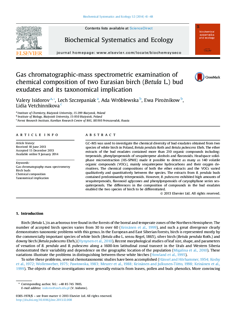 Gas chromatographic-mass spectrometric examination of chemical composition of two Eurasian birch (Betula L.) bud exudates and its taxonomical implication