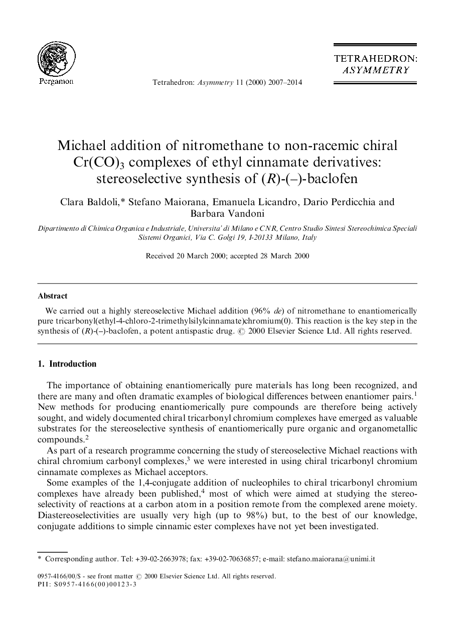 Michael addition of nitromethane to non-racemic chiral Cr(CO)3 complexes of ethyl cinnamate derivatives: stereoselective synthesis of (R)-(−)-baclofen