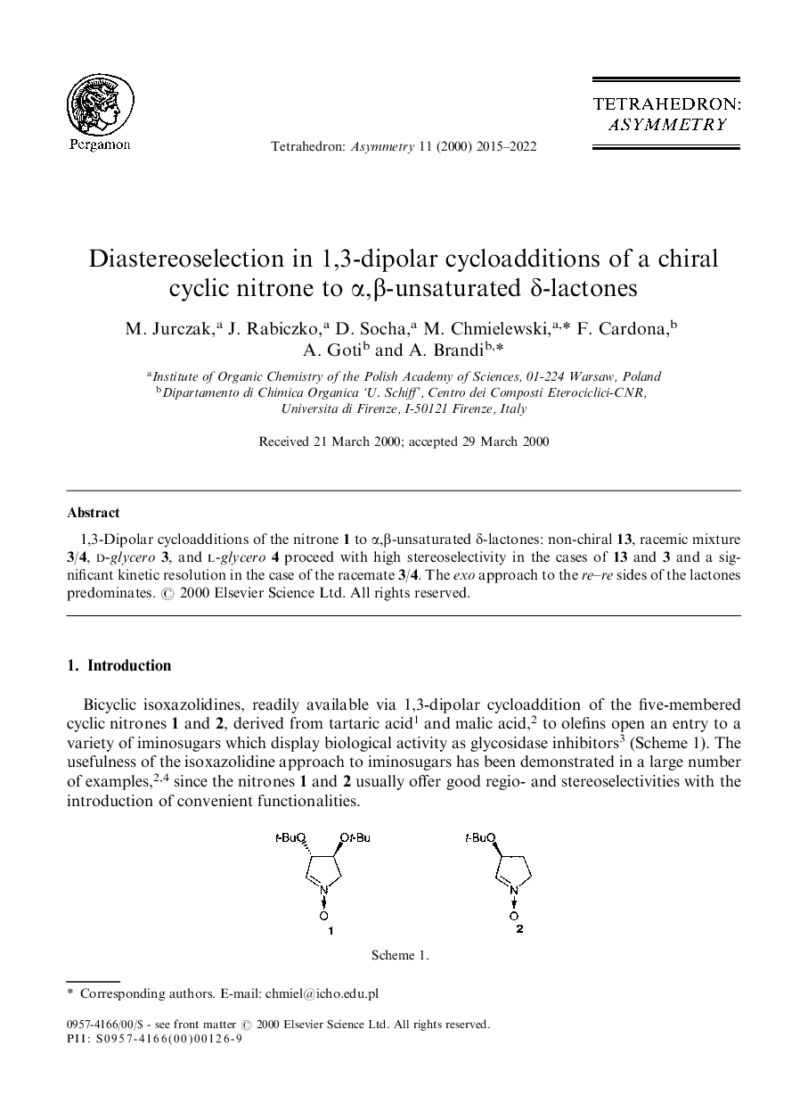Diastereoselection in 1,3-dipolar cycloadditions of a chiral cyclic nitrone to α,β-unsaturated δ-lactones