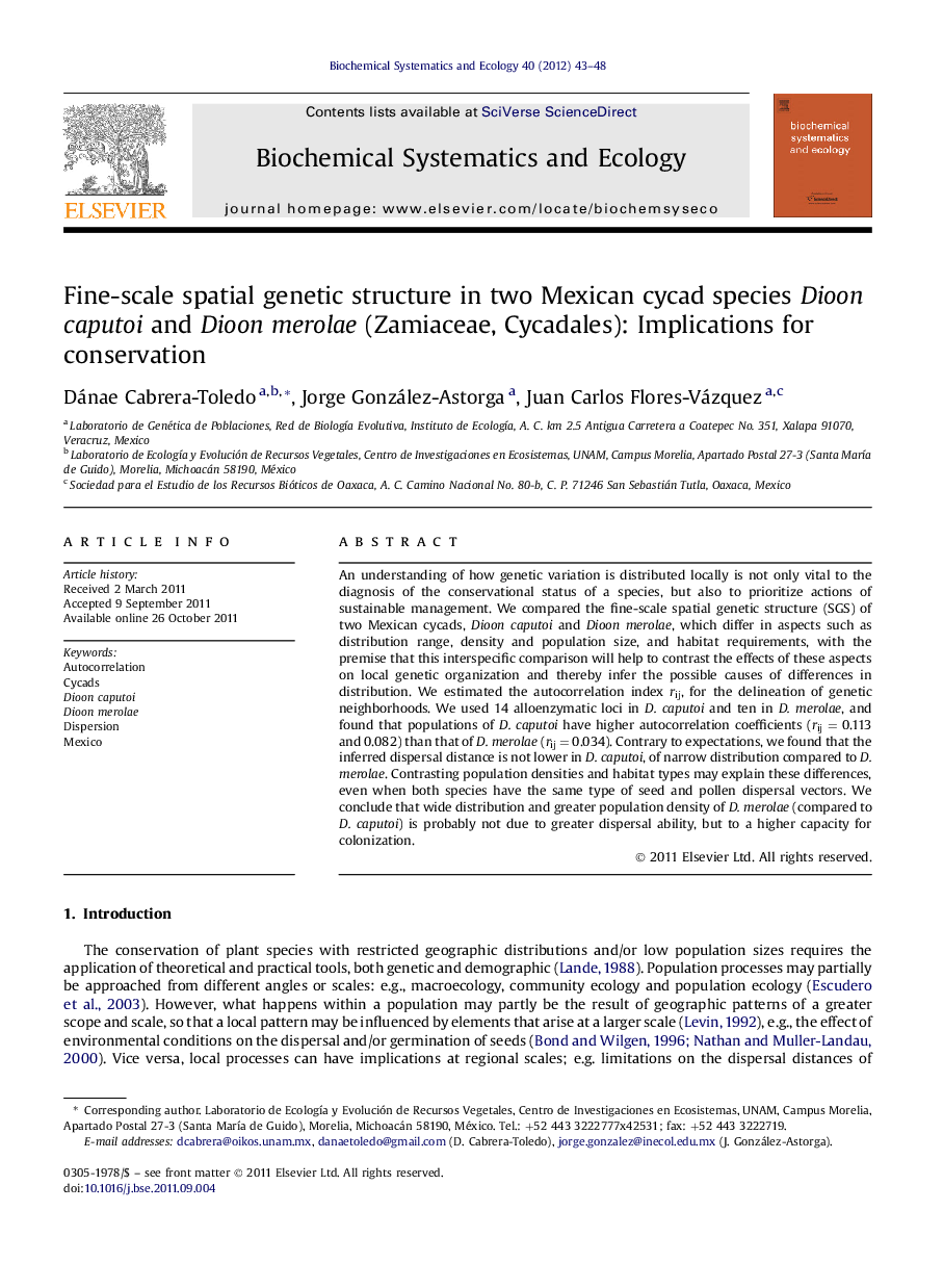 Fine-scale spatial genetic structure in two Mexican cycad species Dioon caputoi and Dioon merolae (Zamiaceae, Cycadales): Implications for conservation