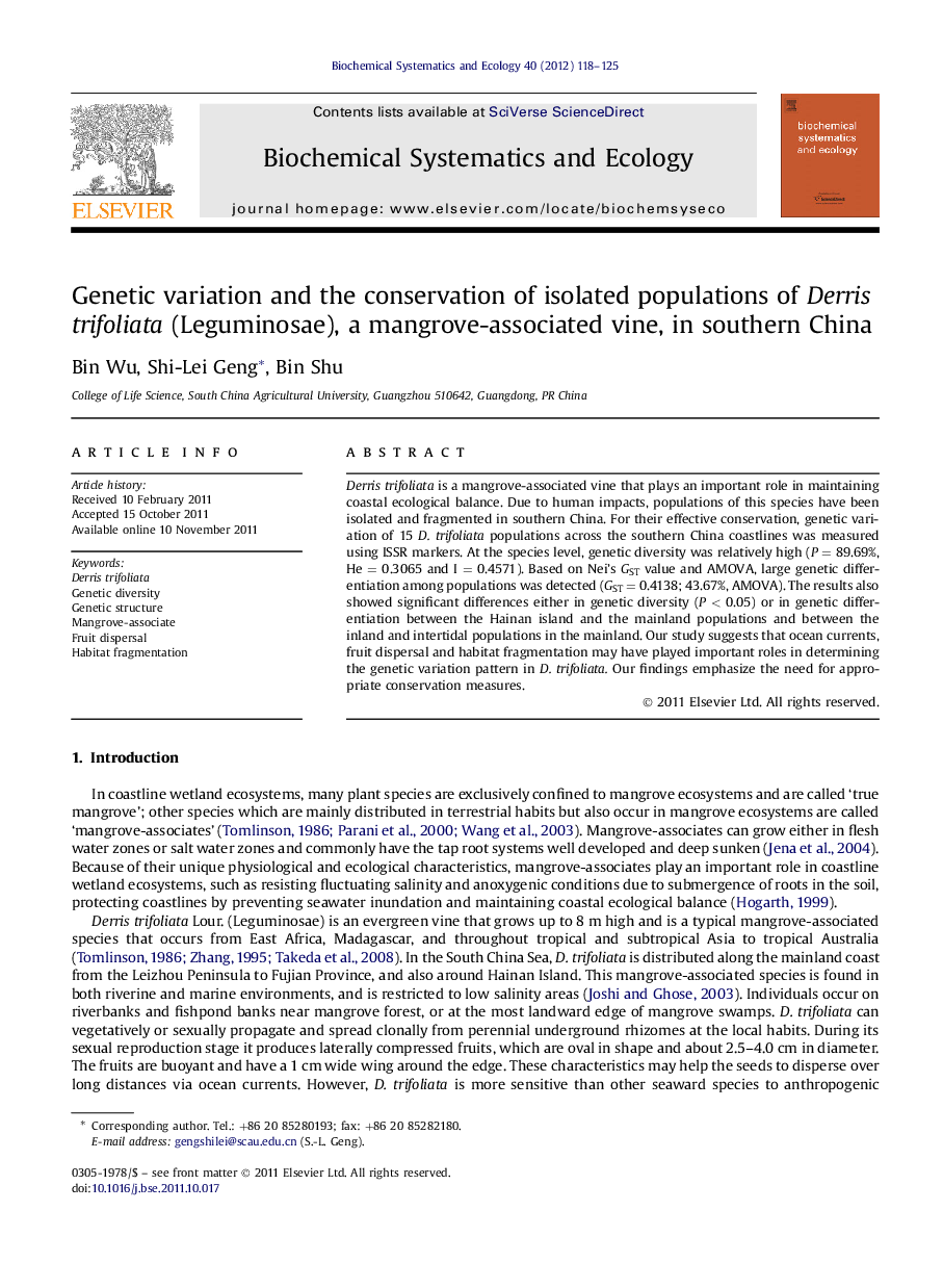 Genetic variation and the conservation of isolated populations of Derris trifoliata (Leguminosae), a mangrove-associated vine, in southern China