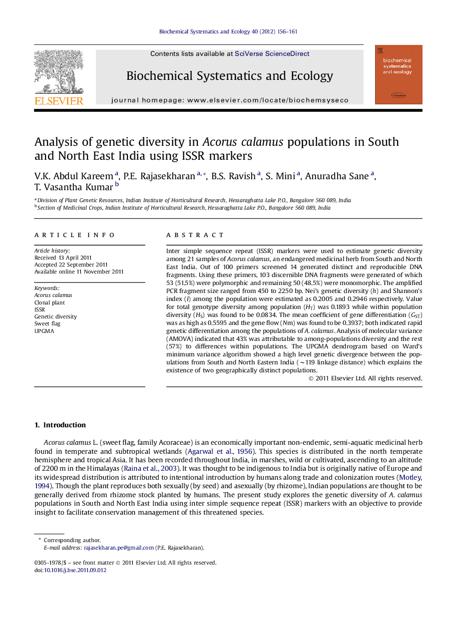 Analysis of genetic diversity in Acorus calamus populations in South and North East India using ISSR markers