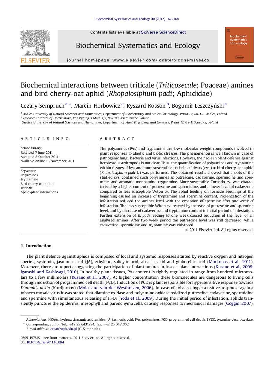 Biochemical interactions between triticale (Triticosecale; Poaceae) amines and bird cherry-oat aphid (Rhopalosiphum padi; Aphididae)