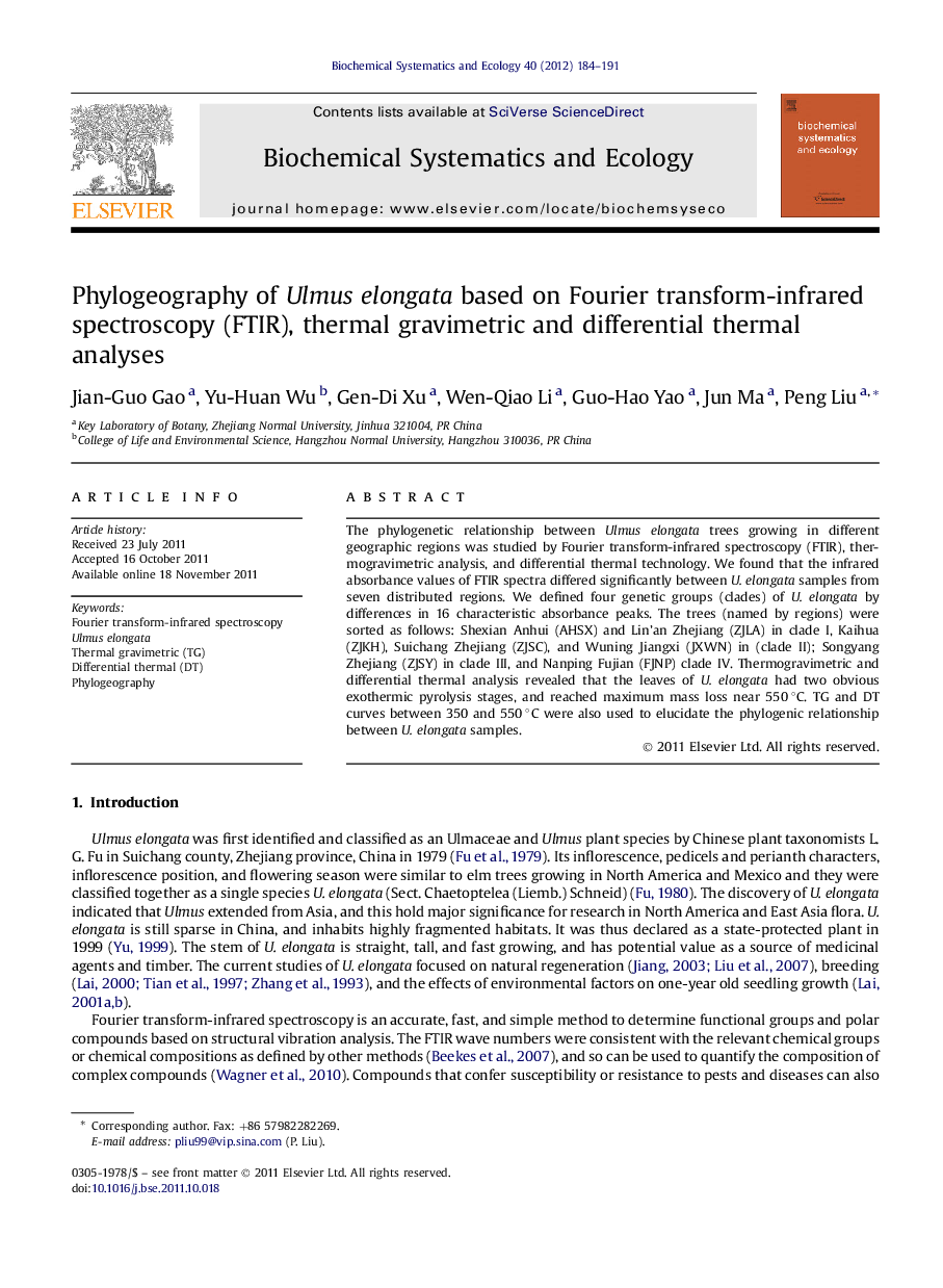 Phylogeography of Ulmus elongata based on Fourier transform-infrared spectroscopy (FTIR), thermal gravimetric and differential thermal analyses