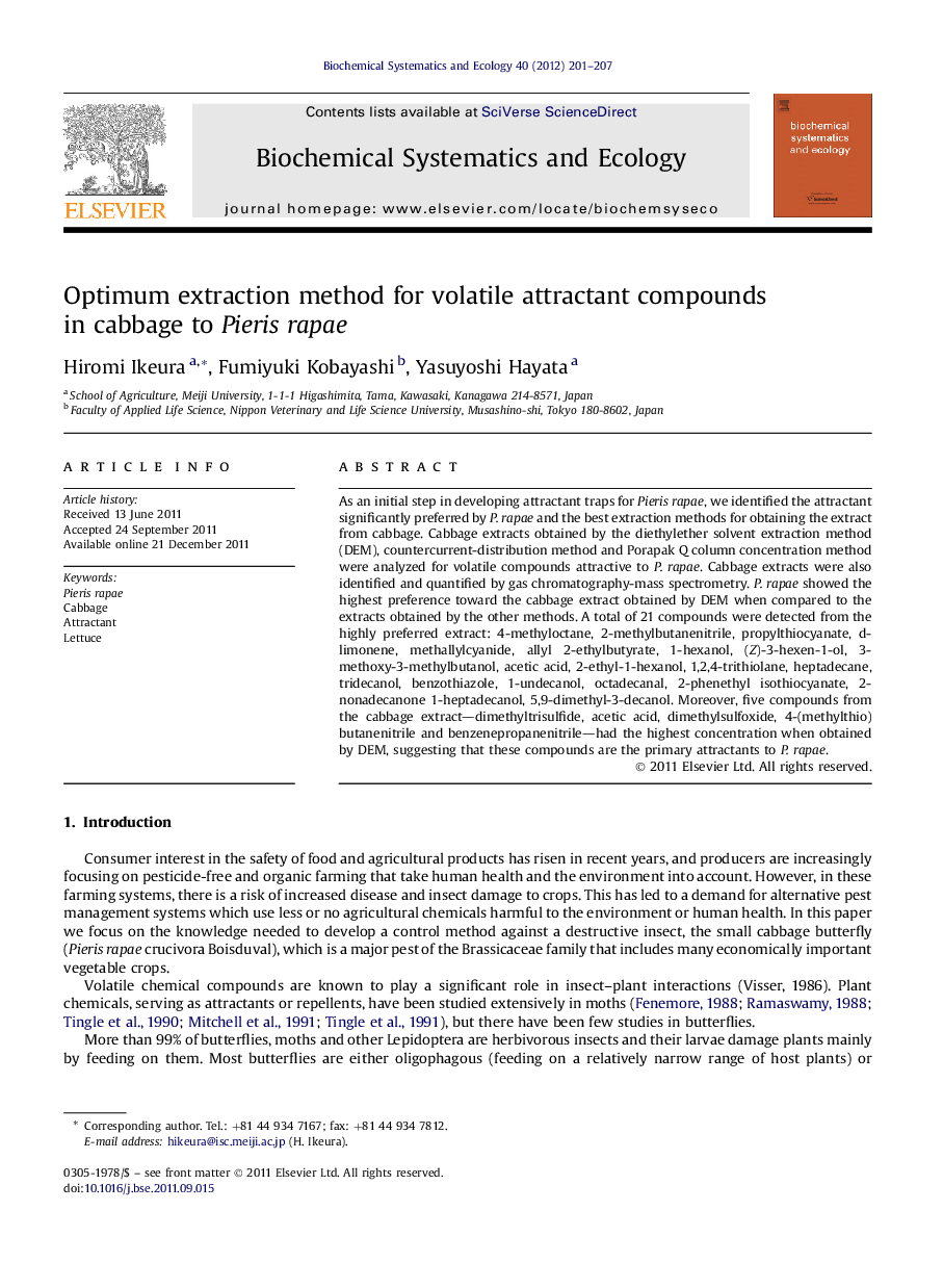 Optimum extraction method for volatile attractant compounds in cabbage to Pieris rapae