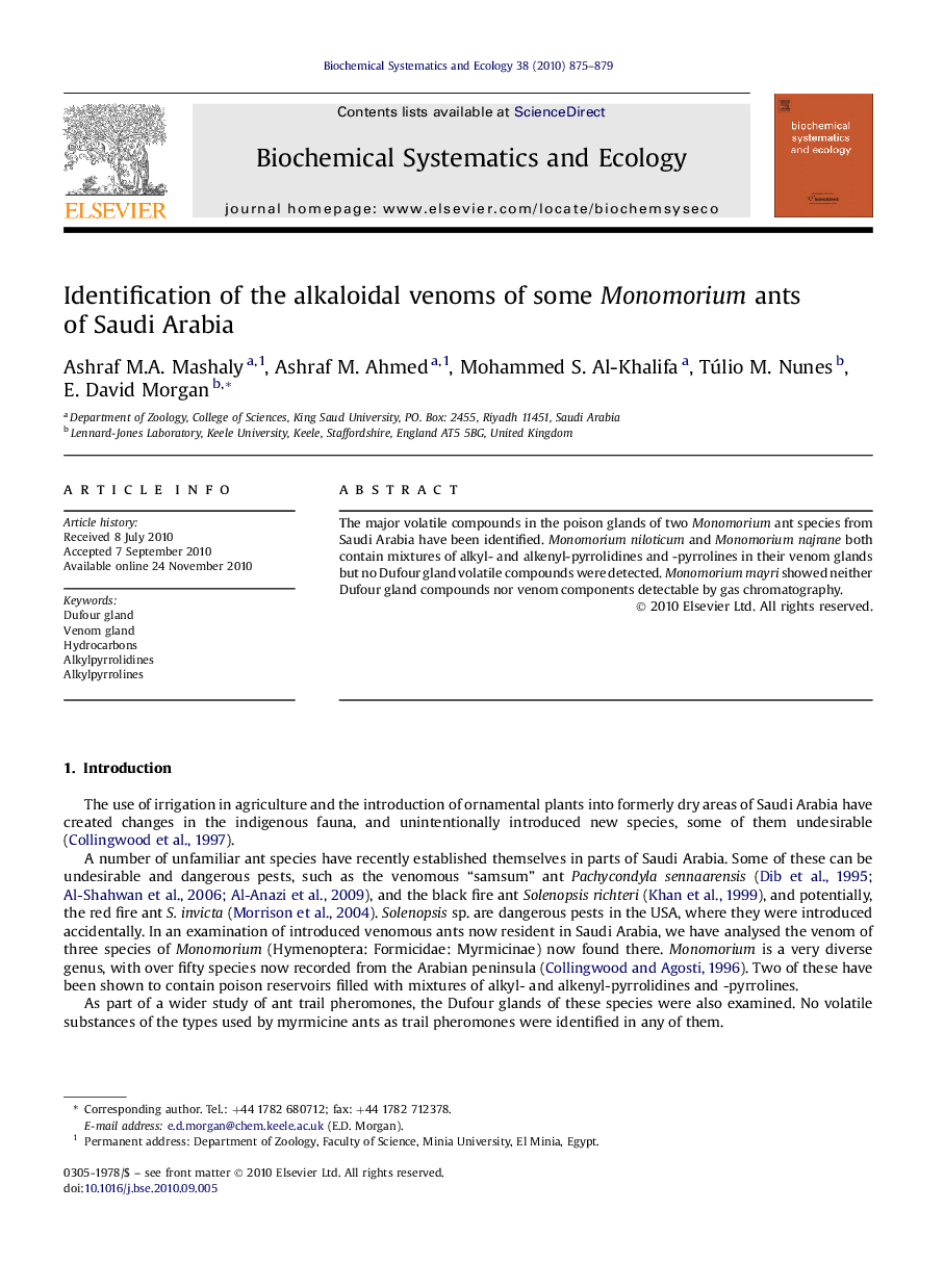 Identification of the alkaloidal venoms of some Monomorium ants of Saudi Arabia