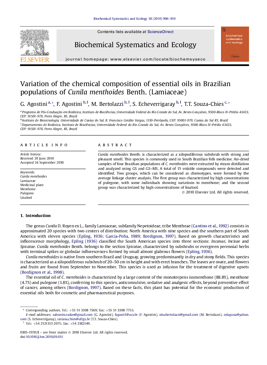 Variation of the chemical composition of essential oils in Brazilian populations of Cunila menthoides Benth. (Lamiaceae)