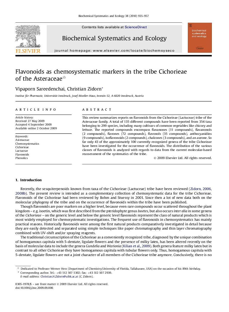 Flavonoids as chemosystematic markers in the tribe Cichorieae of the Asteraceae 