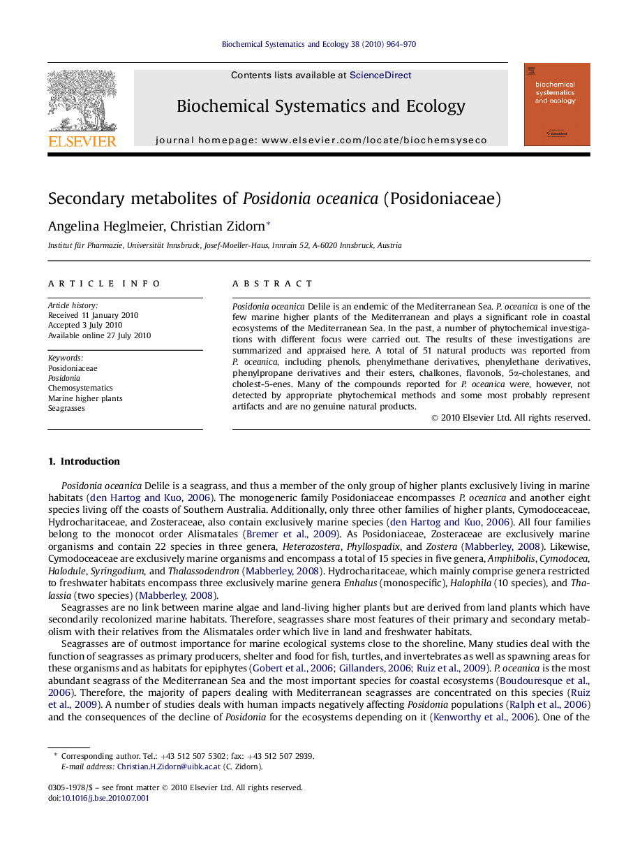 Secondary metabolites of Posidonia oceanica (Posidoniaceae)