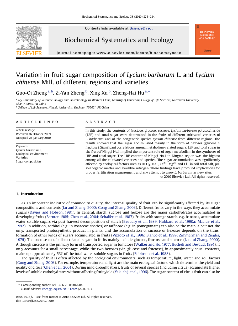 Variation in fruit sugar composition of Lycium barbarum L. and Lycium chinense Mill. of different regions and varieties