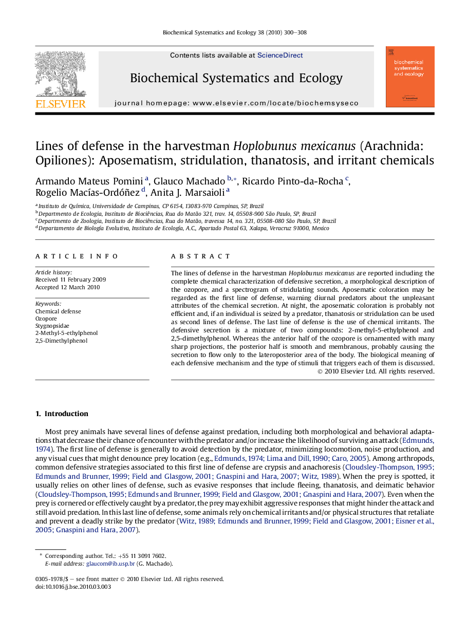 عکس صفحه اول مقاله: Lines of defense in the harvestman Hoplobunus mexicanus (Arachnida: Opiliones): Aposematism, stridulation, thanatosis, and irritant chemicals Lines of defense in the harvestman Hoplobunus mexicanus (Arachnida: Opiliones): Aposematism, stridulation, thanatosis, and irritant chemicals