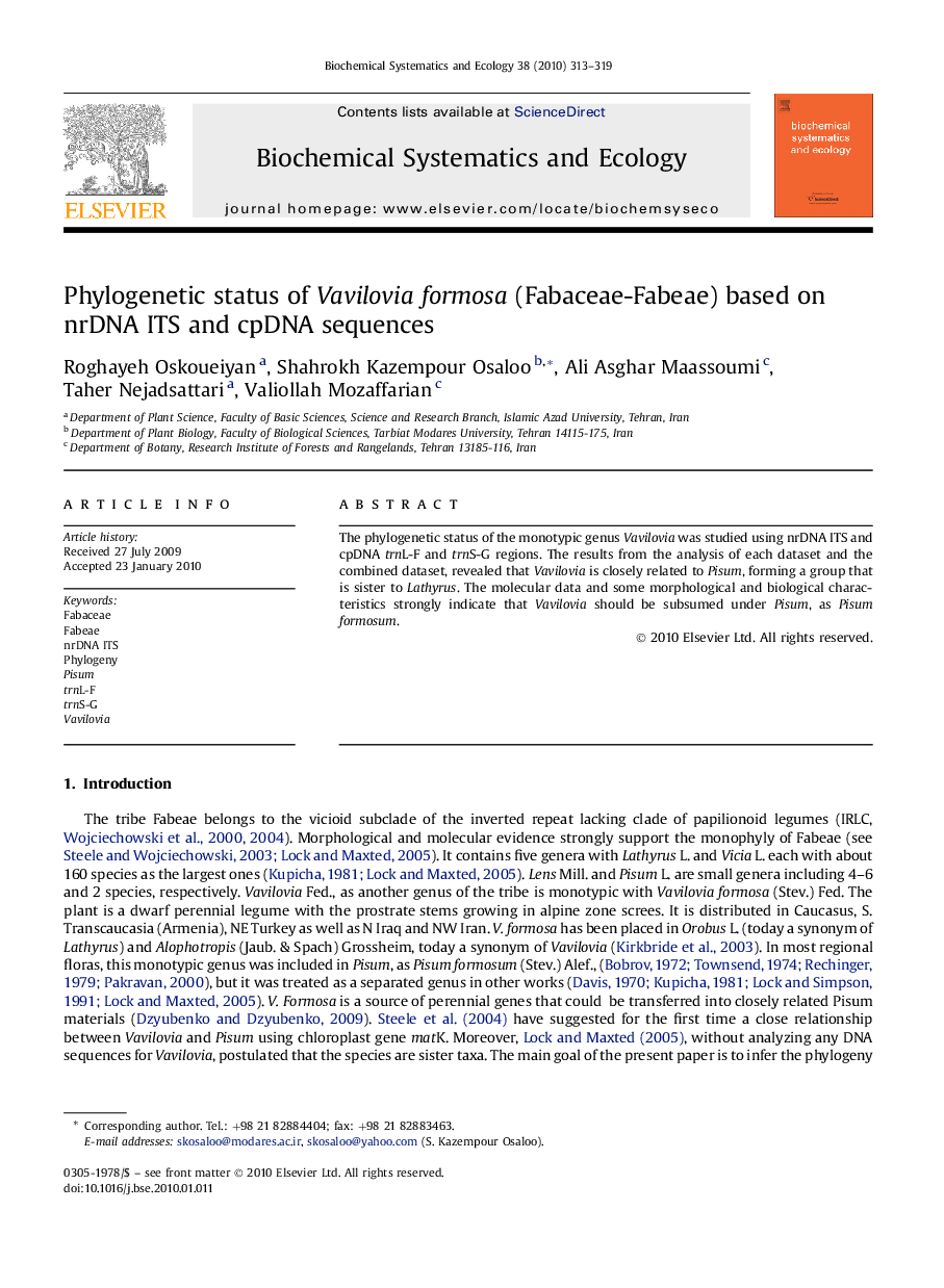 Phylogenetic status of Vavilovia formosa (Fabaceae-Fabeae) based on nrDNA ITS and cpDNA sequences