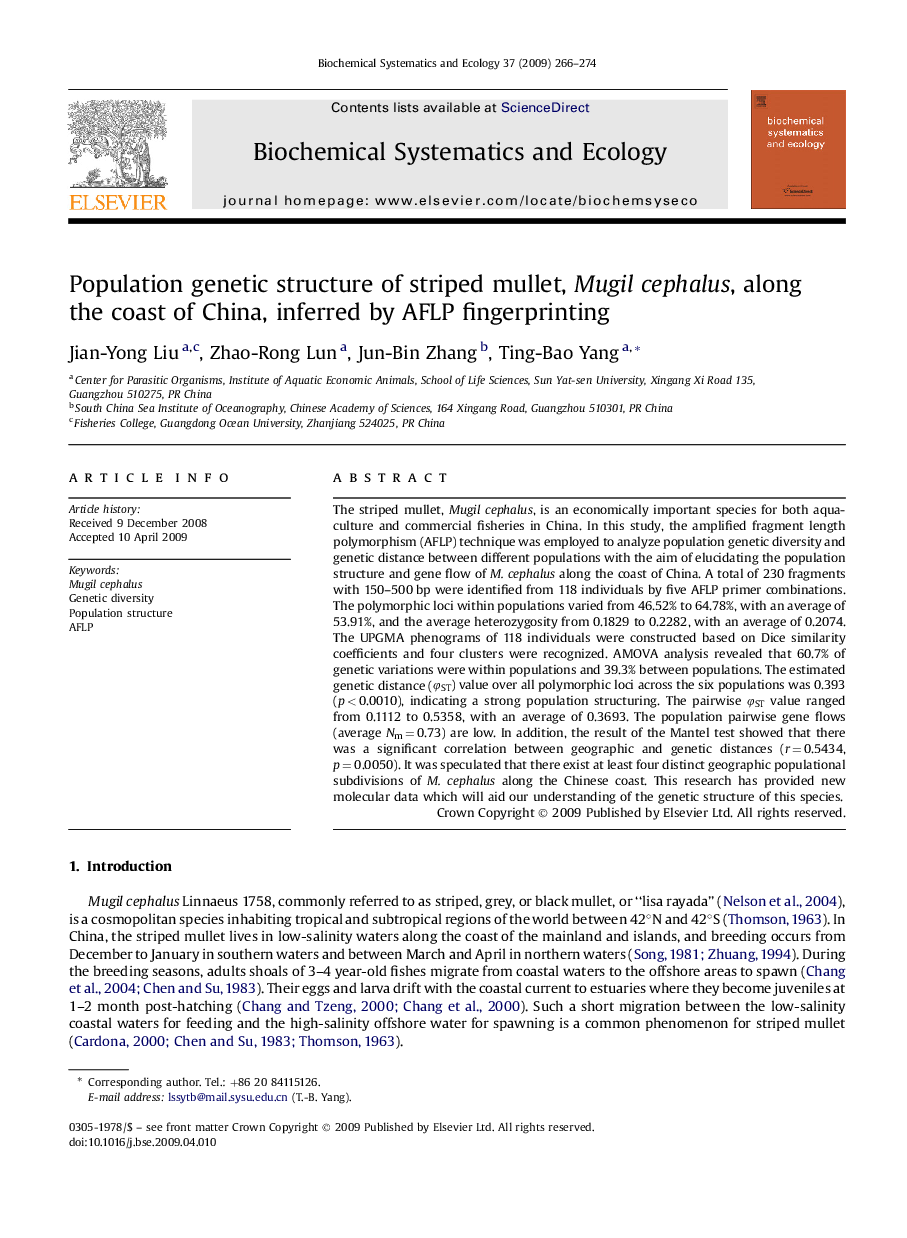 Population genetic structure of striped mullet, Mugil cephalus, along the coast of China, inferred by AFLP fingerprinting