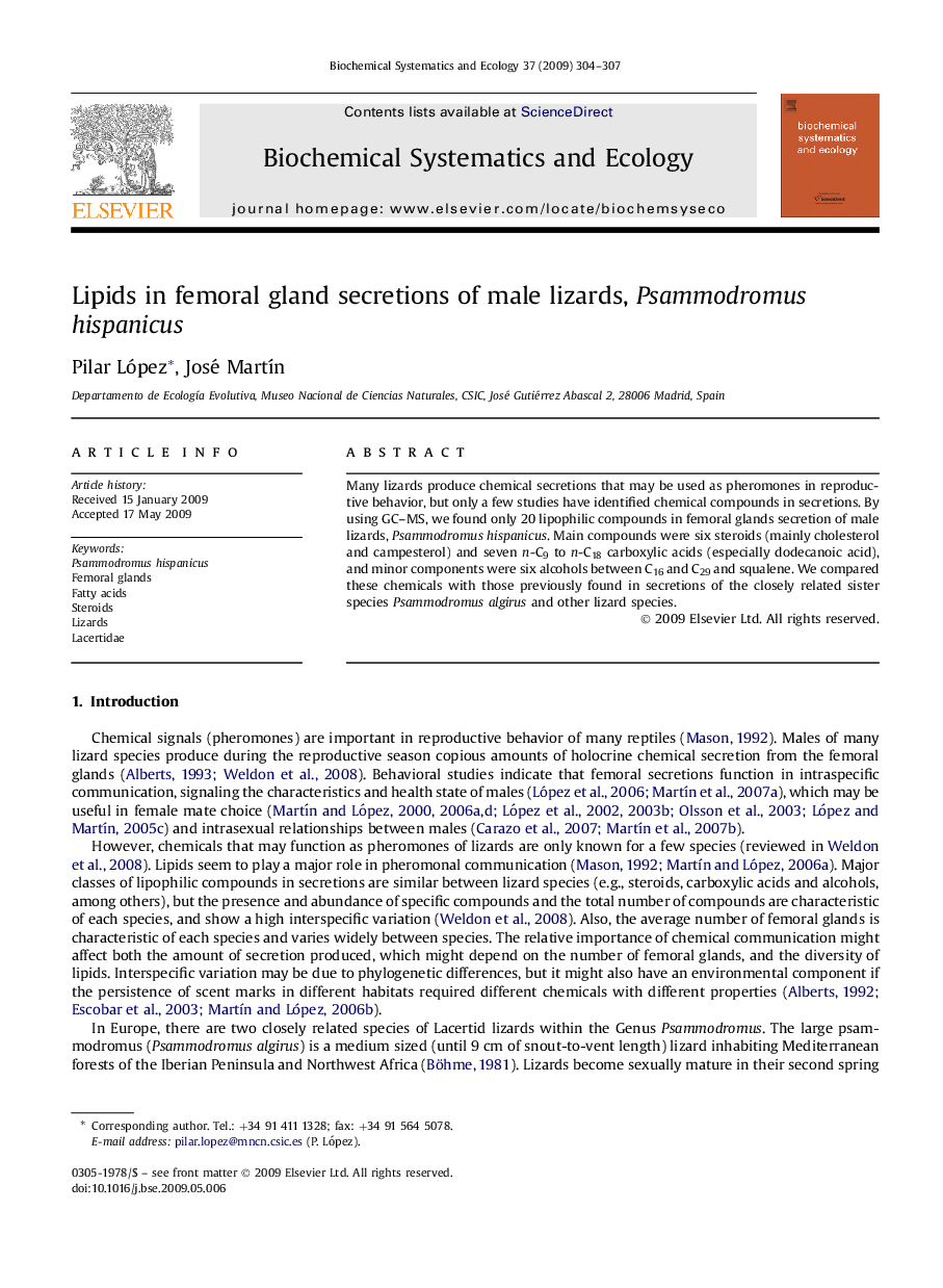Lipids in femoral gland secretions of male lizards, Psammodromus hispanicus