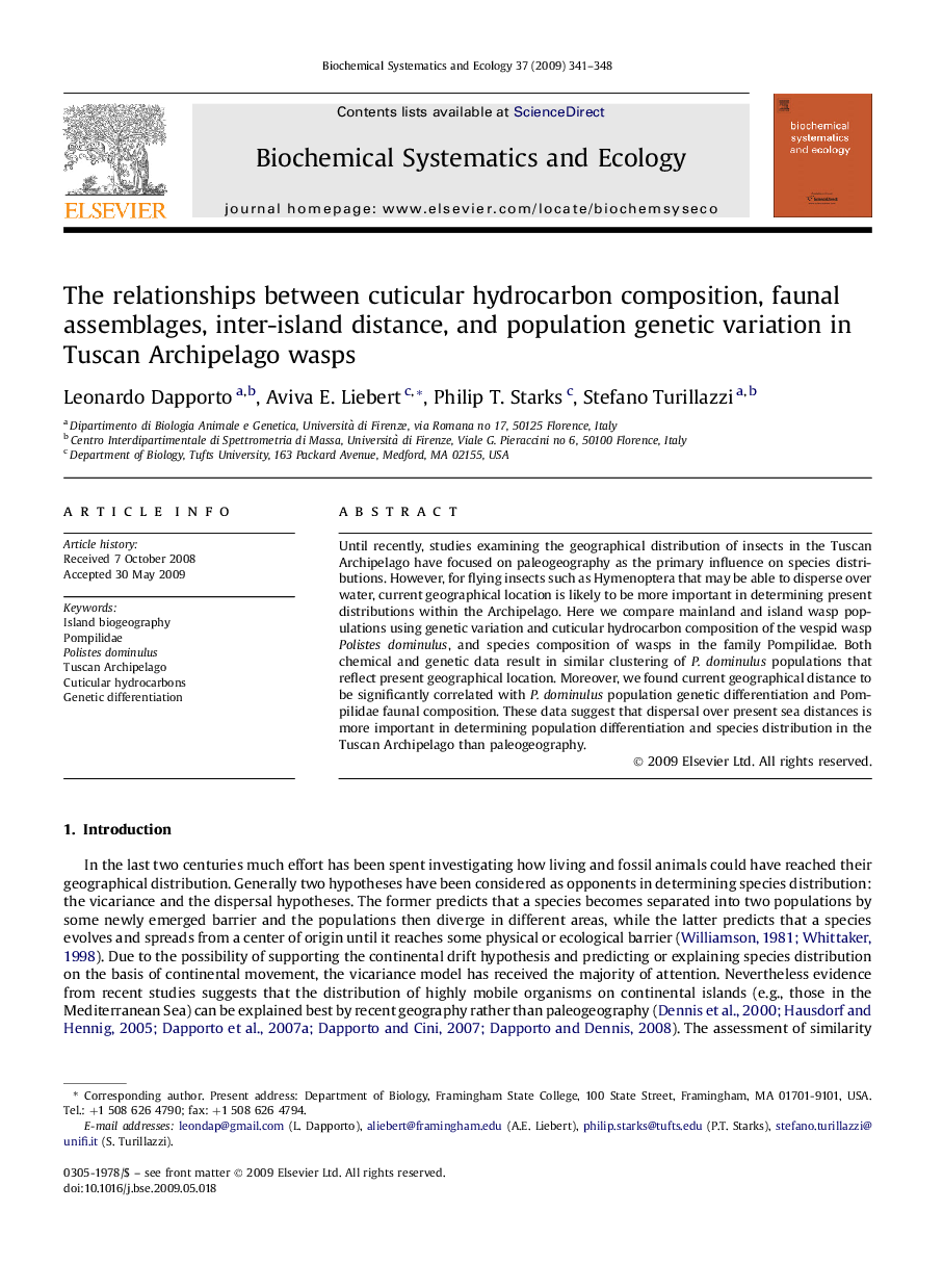 The relationships between cuticular hydrocarbon composition, faunal assemblages, inter-island distance, and population genetic variation in Tuscan Archipelago wasps