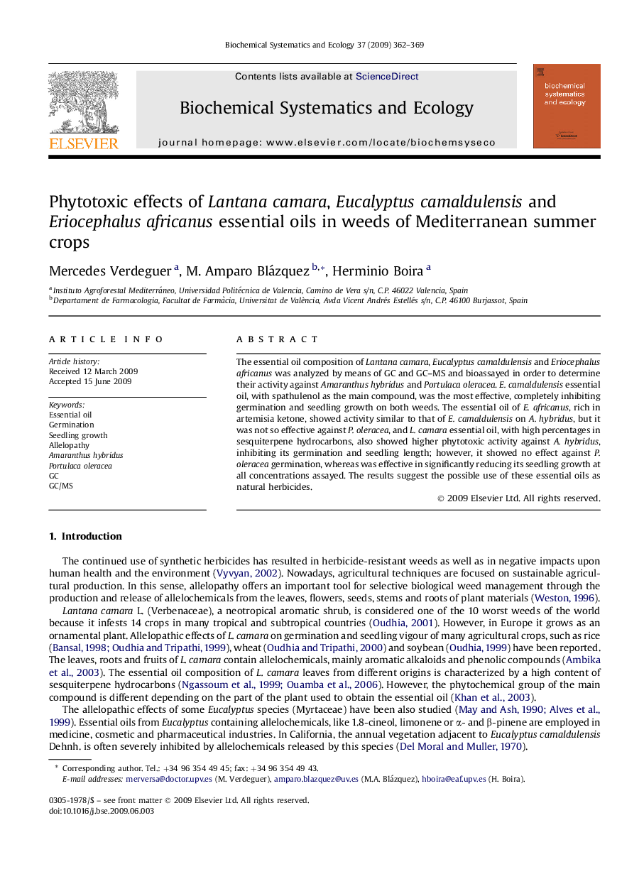 Phytotoxic effects of Lantana camara, Eucalyptus camaldulensis and Eriocephalus africanus essential oils in weeds of Mediterranean summer crops