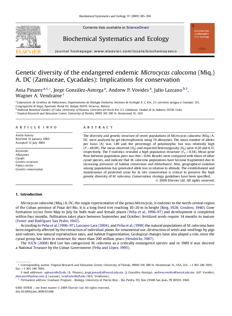 Genetic diversity of the endangered endemic Microcycas calocoma (Miq.) A. DC (Zamiaceae, Cycadales): Implications for conservation