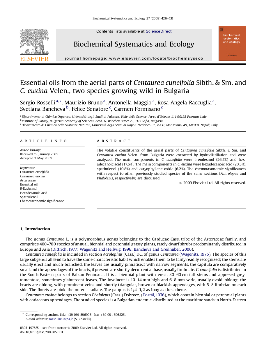 Essential oils from the aerial parts of Centaurea cuneifolia Sibth. & Sm. and C. euxina Velen., two species growing wild in Bulgaria