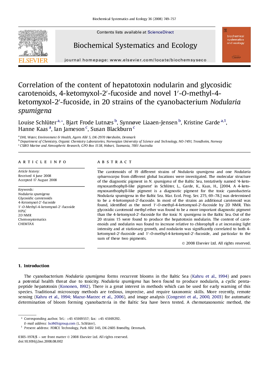 Correlation of the content of hepatotoxin nodularin and glycosidic carotenoids, 4-ketomyxol-2′-fucoside and novel 1′-O-methyl-4-ketomyxol-2′-fucoside, in 20 strains of the cyanobacterium Nodularia spumigena